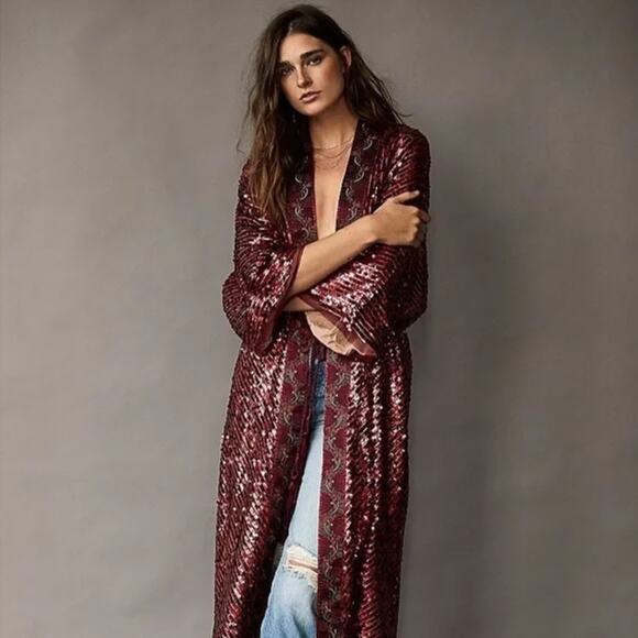 Free People Light Is Coming Visit Kimono Sequin Embellished Duster Jacket M - Picture 1 of 16